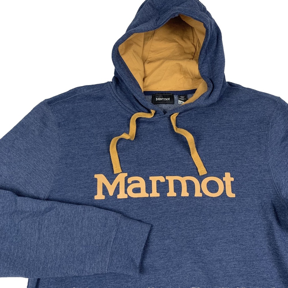 Marmot Hoodie Mens Pullover Spell Out Logo Sweatshirt Blue Yellow-Brown Sz Large